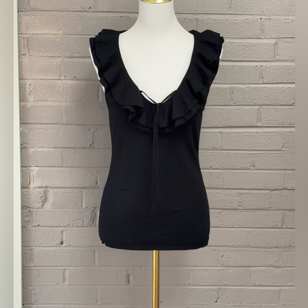 Frame sleeveless black ruffled knit sweater top L - Picture 2 of 12